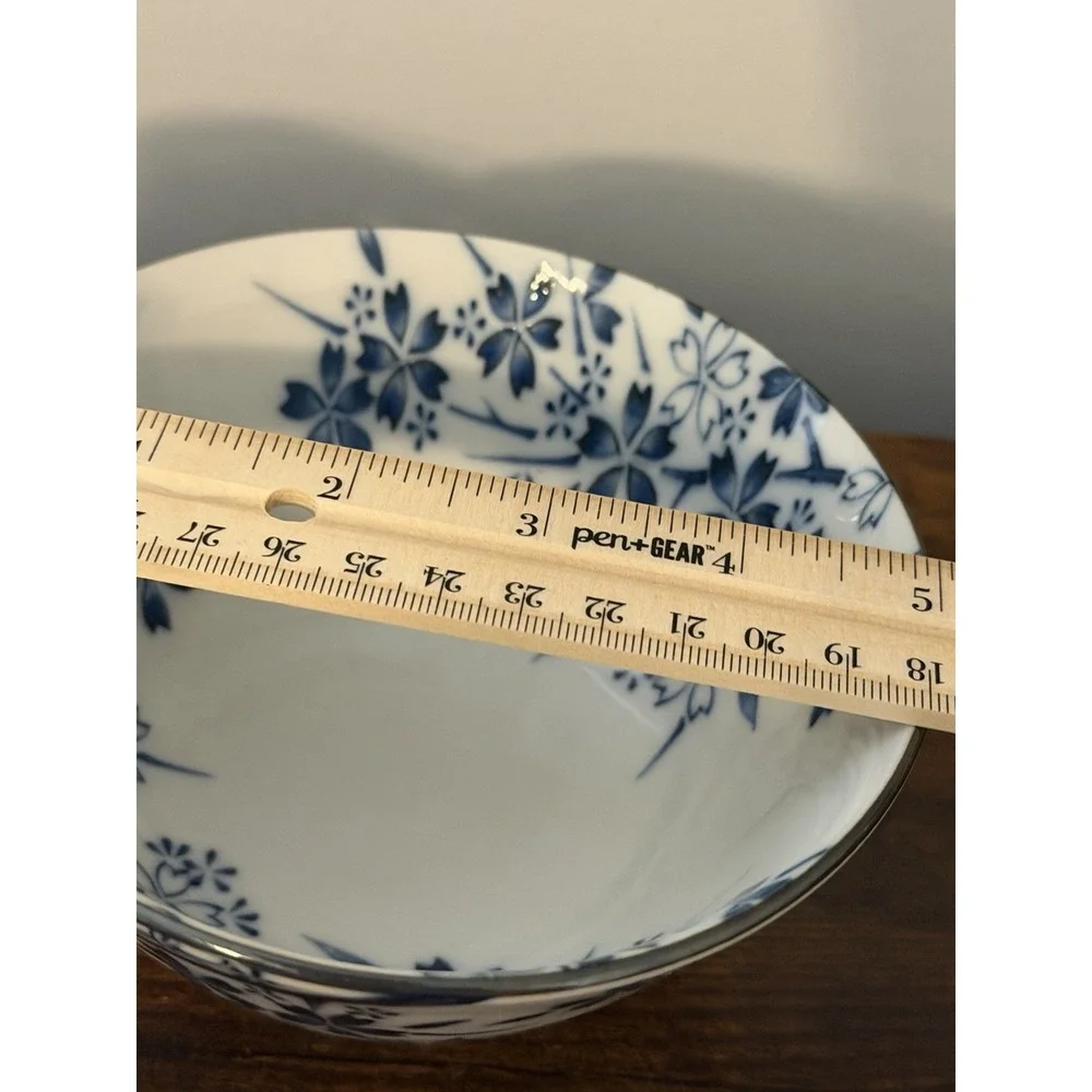 EDO Japan Blue White Floral Porcelain Rice Bowl Silver Tone Rim 5.25